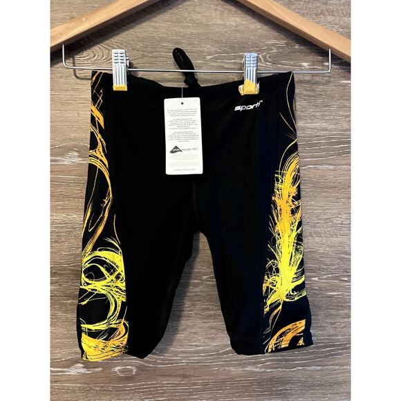 Sporti Youth Swimsuit Short Harsh guard 28Y boy black yellow NEW - Picture 1 of 10